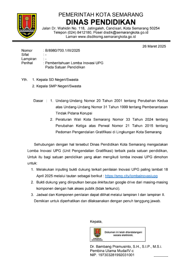 Pemberitahuan Lomba Inovasi Unit Pengendalian Gratifikasi (UPG) pada Satuan Pendidikan